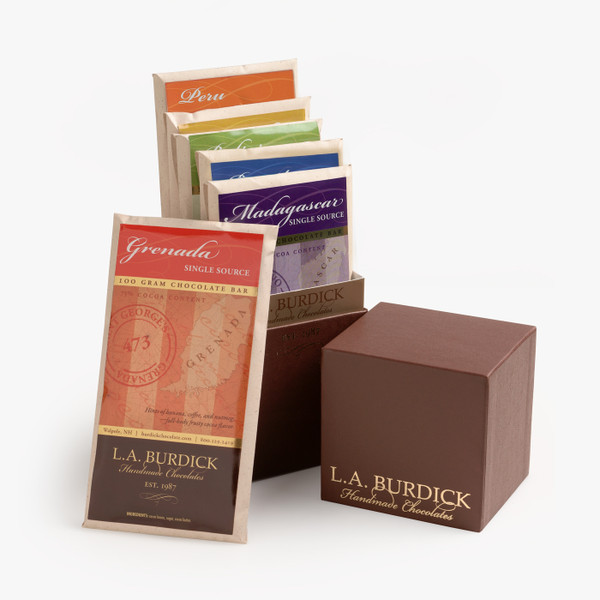 Single Source Dark Chocolate Candy Bar Gift Box. Collection of 7 single origin dark chocolate candy bars. Bolivia, Brazil, Ecuador, Grenada, Madagascar, Peru, and Venezuela.
